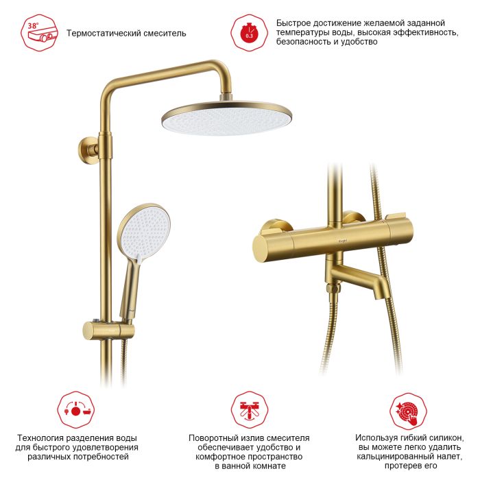 Душевая система с термостатом Raglo сатин золото R20.26.03