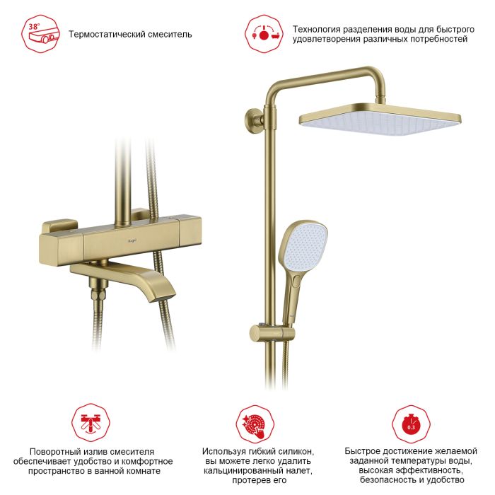 Душевая система с термостатом Raglo сатин золото R22.26.03