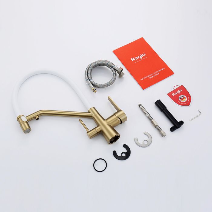 Смеситель для кухни со съемным изливом на магните и подключением фильтра питьевой воды Raglo сатин золото R80.62.03
