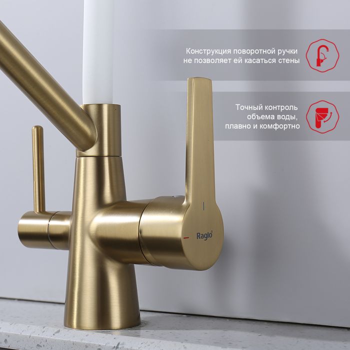 Смеситель для кухни со съемным изливом на магните и подключением фильтра питьевой воды Raglo сатин золото R80.62.03