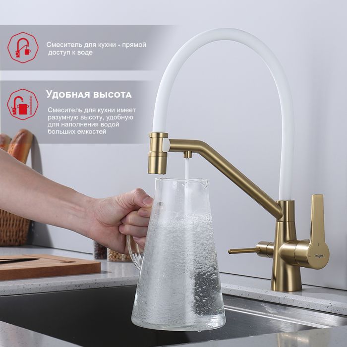 Смеситель для кухни со съемным изливом на магните и подключением фильтра питьевой воды Raglo сатин золото R80.62.03