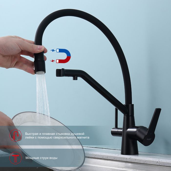 Смеситель для кухни со съемным изливом на магните и подключением фильтра питьевой воды Raglo черный R80.62.06