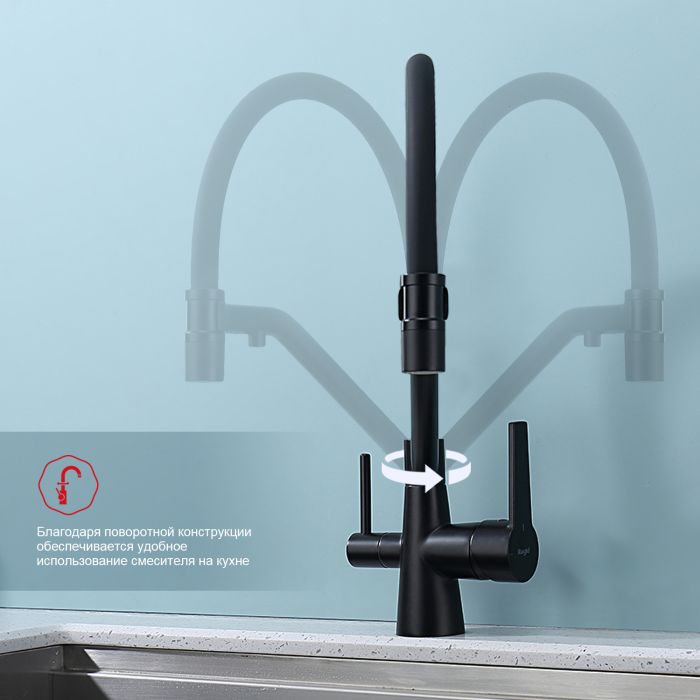 Смеситель для кухни со съемным изливом на магните и подключением фильтра питьевой воды Raglo черный R80.62.06