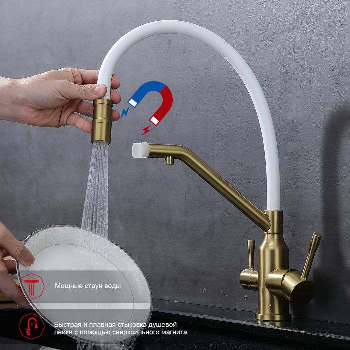 Смеситель для кухни со съемным изливом на магните и подключением фильтра питьевой воды Raglo сатин золото R81.62.03
