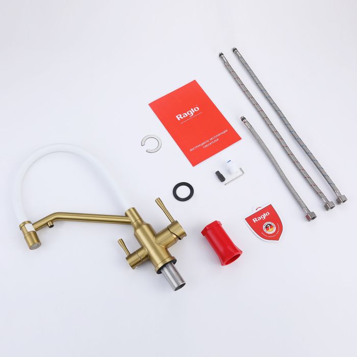 Смеситель для кухни со съемным изливом на магните и подключением фильтра питьевой воды Raglo сатин золото R81.62.03