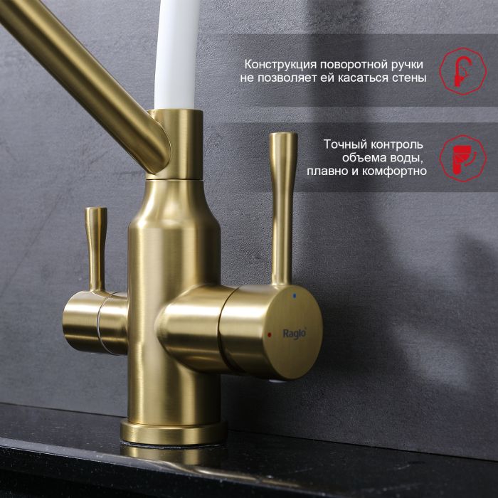 Смеситель для кухни со съемным изливом на магните и подключением фильтра питьевой воды Raglo сатин золото R81.62.03