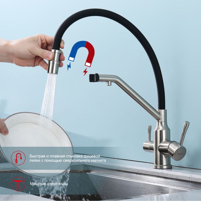 Смеситель для кухни со съемным изливом на магните и подключением фильтра питьевой воды Raglo сатин R81.62.05