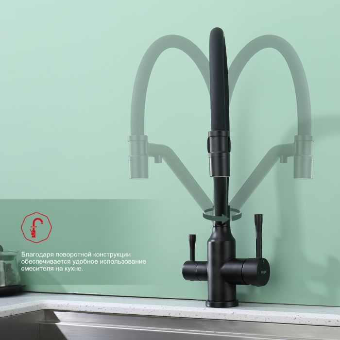Смеситель для кухни со съемным изливом на магните и подключением фильтра питьевой воды Raglo черный R81.62.06