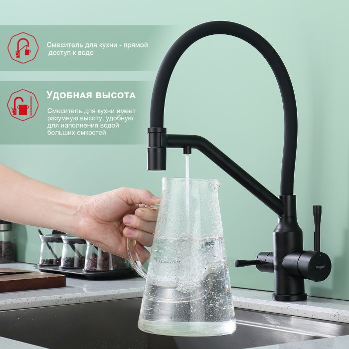 Смеситель для кухни со съемным изливом на магните и подключением фильтра питьевой воды Raglo черный R81.62.06