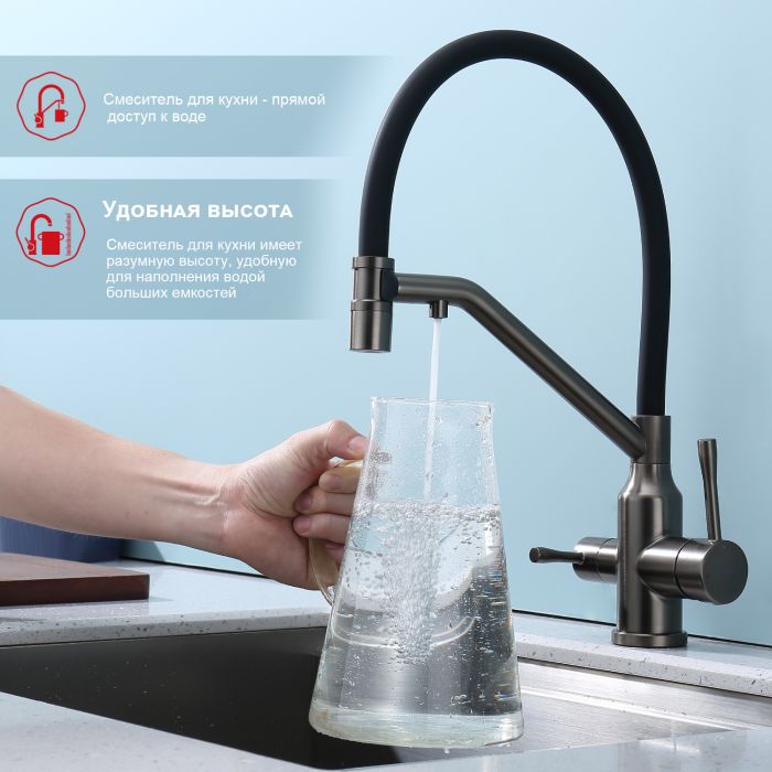 Смеситель для кухни со съемным изливом на магните и подключением фильтра питьевой воды Raglo графит R81.62.09