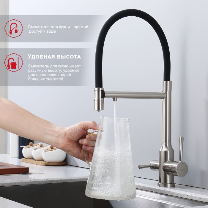 Смеситель для кухни со съемным изливом на магните и подключением фильтра питьевой воды Raglo сатин R81.63.05