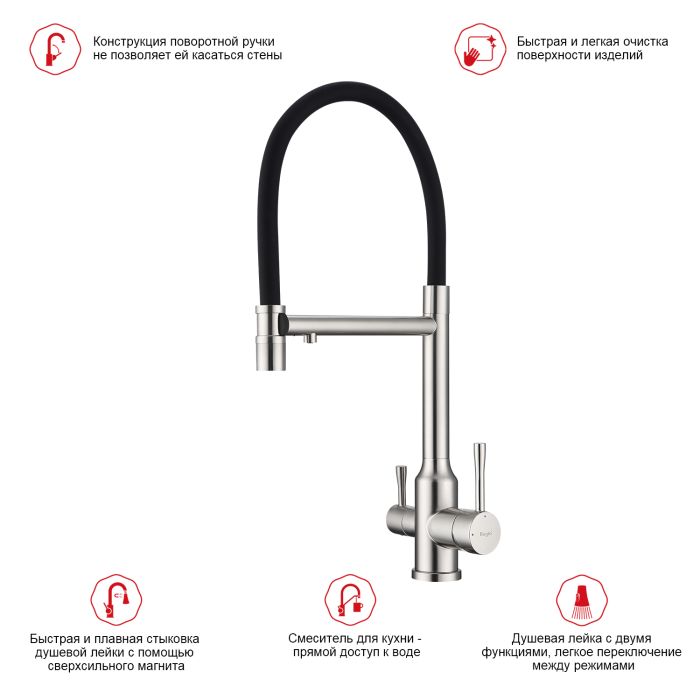 Смеситель для кухни со съемным изливом на магните и подключением фильтра питьевой воды Raglo сатин R81.63.05