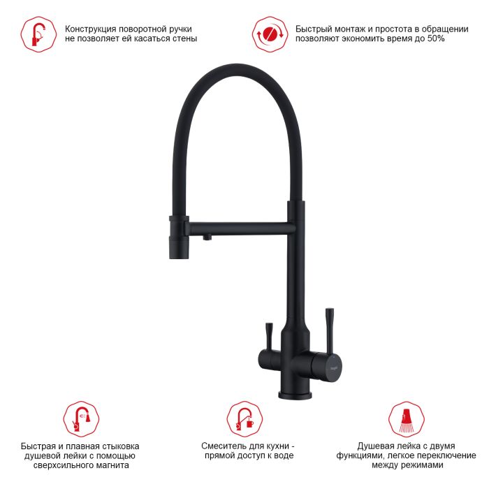 Смеситель для кухни со съемным изливом на магните и подключением фильтра питьевой воды Raglo черный R81.63.06