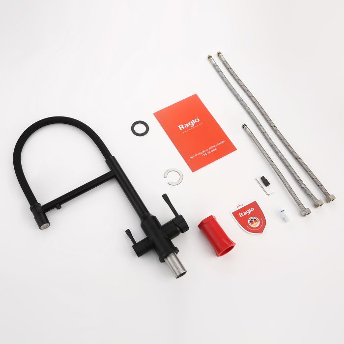 Смеситель для кухни со съемным изливом на магните и подключением фильтра питьевой воды Raglo черный R81.63.06