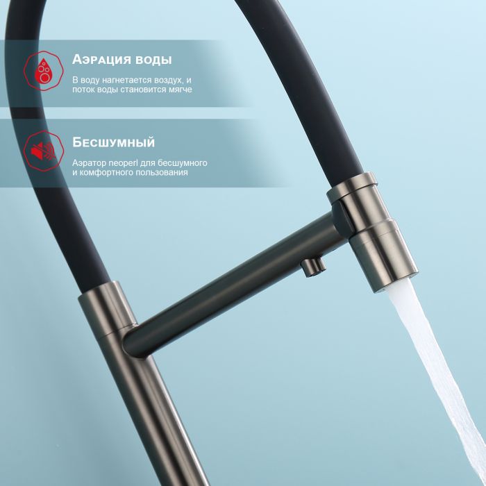 Смеситель для кухни со съемным изливом на магните и подключением фильтра питьевой воды Raglo графит R81.63.09