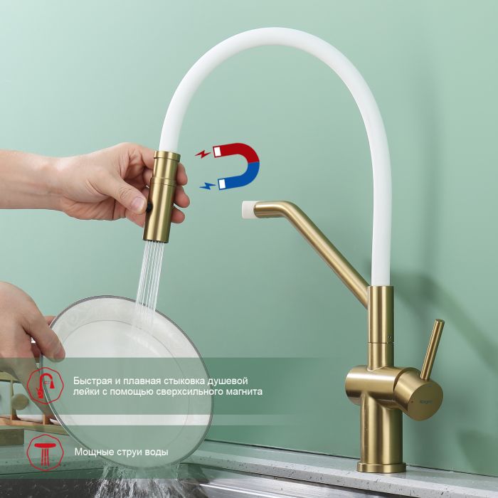Смеситель для кухни со съемным изливом на магните Raglo сатин золото R86.41.03