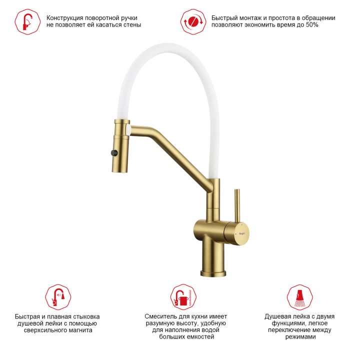 Смеситель для кухни со съемным изливом на магните Raglo сатин золото R86.41.03