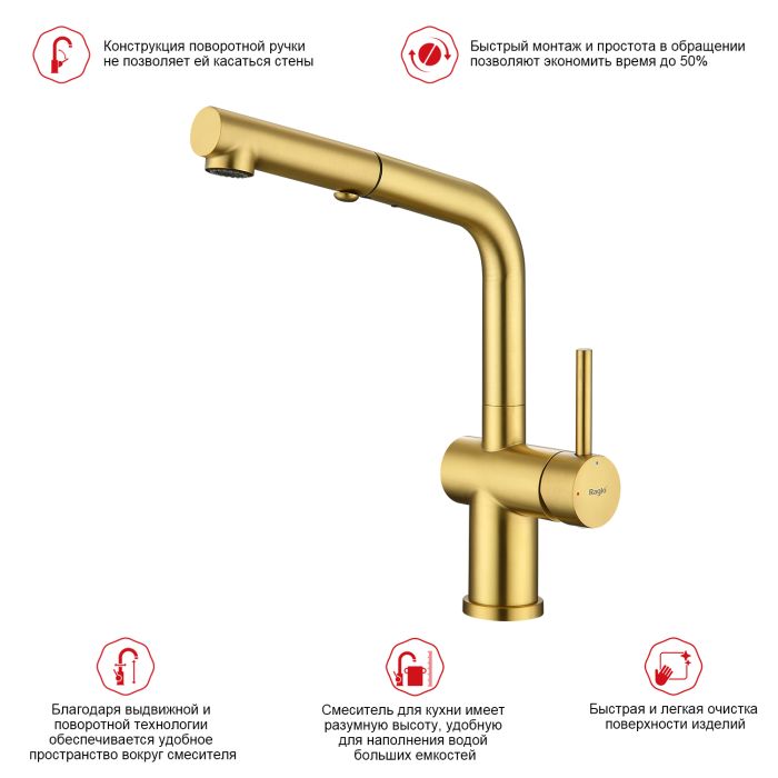 Смеситель для кухни с выдвижным изливом Raglo сатин золото R86.49.03
