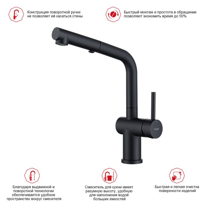 Смеситель для кухни с выдвижным изливом Raglo черный R86.49.06